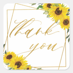 Sunflower Floral Wedding Gold Geometric Thank You  Square Sticker