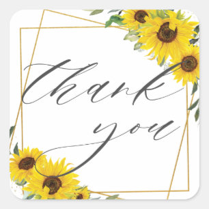 Sunflower Floral Wedding Gold Geometric Thank You  Square Sticker