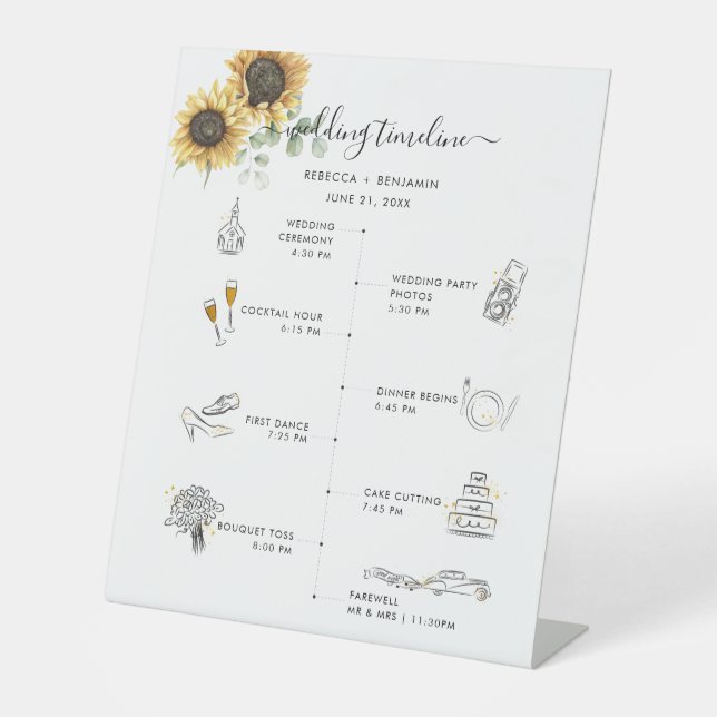 Sunflower Floral Wedding Itinerary with Icons Prog Pedestal Sign (Front)