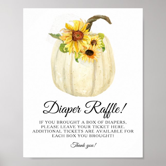Sunflower Floral White Pumpkin Baby Diaper Raffle Poster (Front)