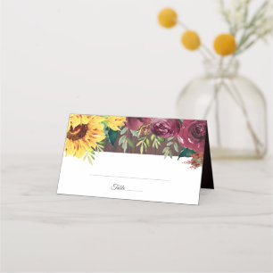 Sunflower Floral Wood Fall Wedding Place Card