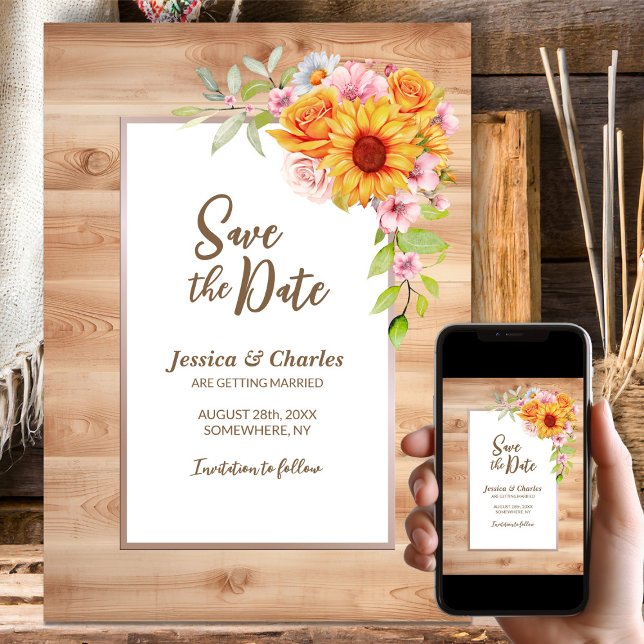 Sunflower Floral Wood Wedding Save The Date (Creator Uploaded)