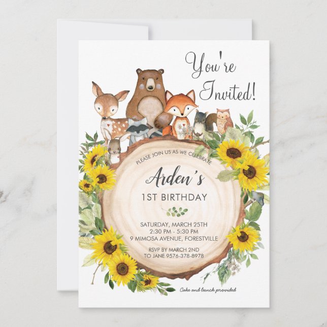 Sunflower Floral Woodland Animals Birthday Invitation (Front)
