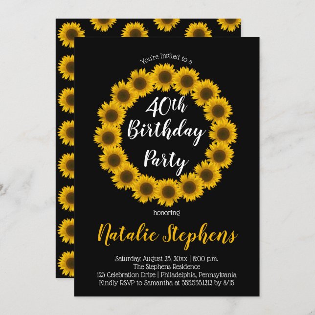 Sunflower Floral Wreath Birthday Party Invitation (Front/Back)