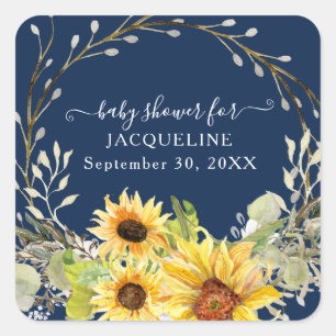 Sunflower Floral Wreath Navy Yellow Baby Shower Square Sticker