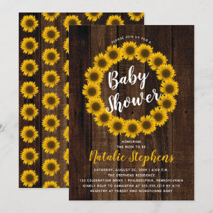 Sunflower Floral Wreath Wood Baby Shower Invite