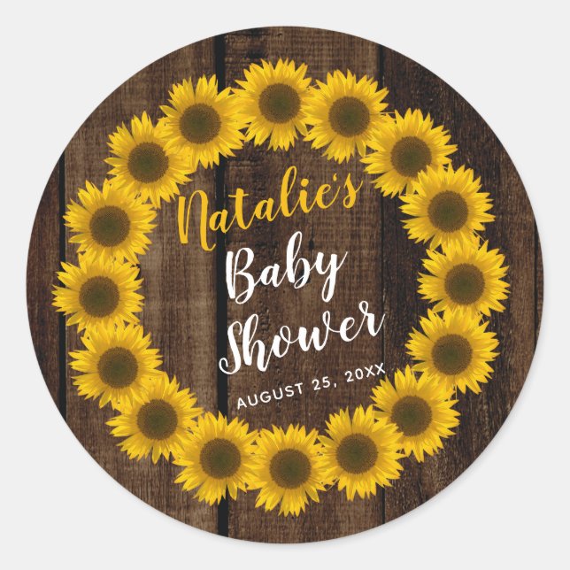 Sunflower Floral Wreath Wood Look Baby Shower Classic Round Sticker (Front)