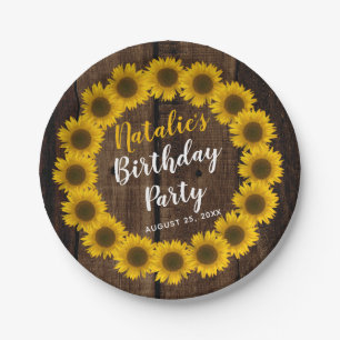 Sunflower Floral Wreath Wood Look Birthday Party Paper Plate