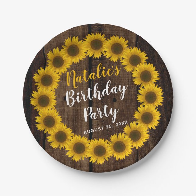 Sunflower Floral Wreath Wood Look Birthday Party Paper Plate (Front)