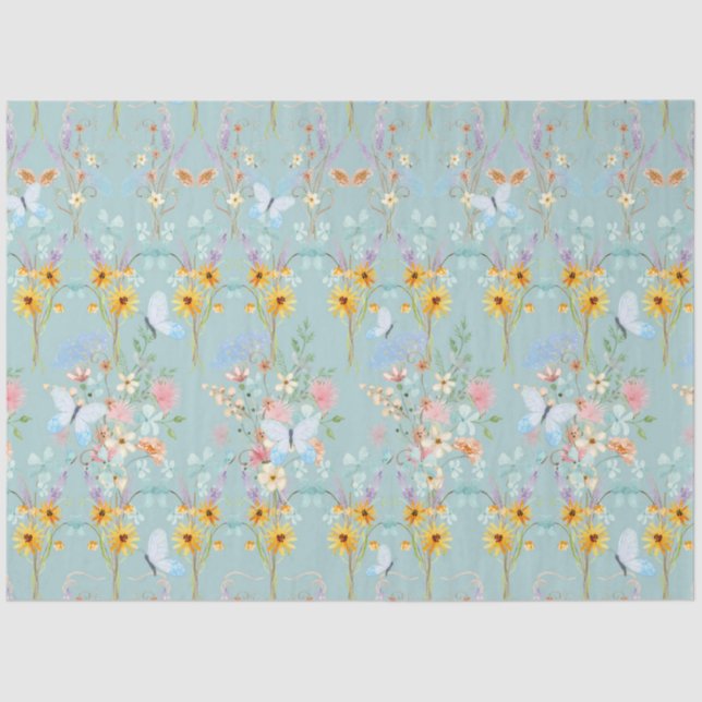 Sunflower Floral Yellow Blue Butterfly Decoupage Tissue Paper (Front)