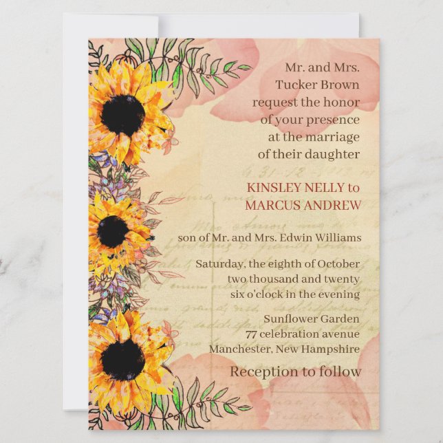 Sunflower Floral Yellow Rustic Wedding Invitation (Front)