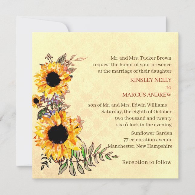Sunflower Floral Yellow Rustic Wedding Invitation (Front)