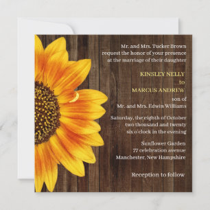 Sunflower Floral Yellow Rustic Wedding Wood Invitation