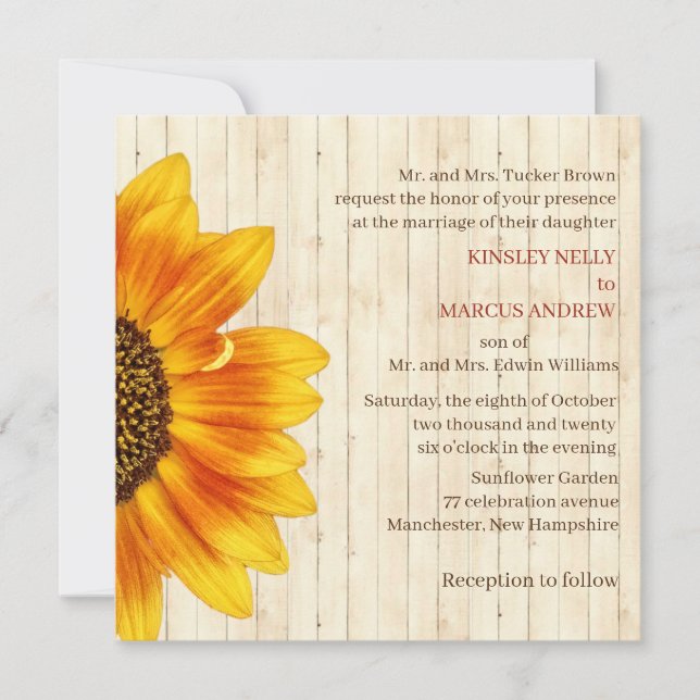 Sunflower Floral Yellow Rustic Wedding Wood Invitation (Front)