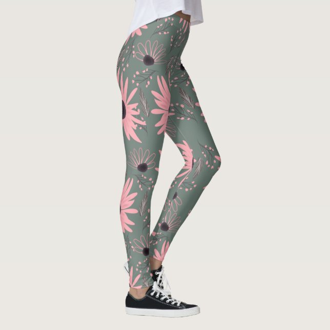  Sunflower Florals Pink  Hand Drawn Botanical  Leggings (Right)