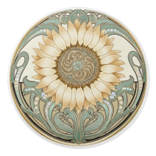 Sunflower Flower Green Cream Gold Art Deco Nouveau Ceramic Knob