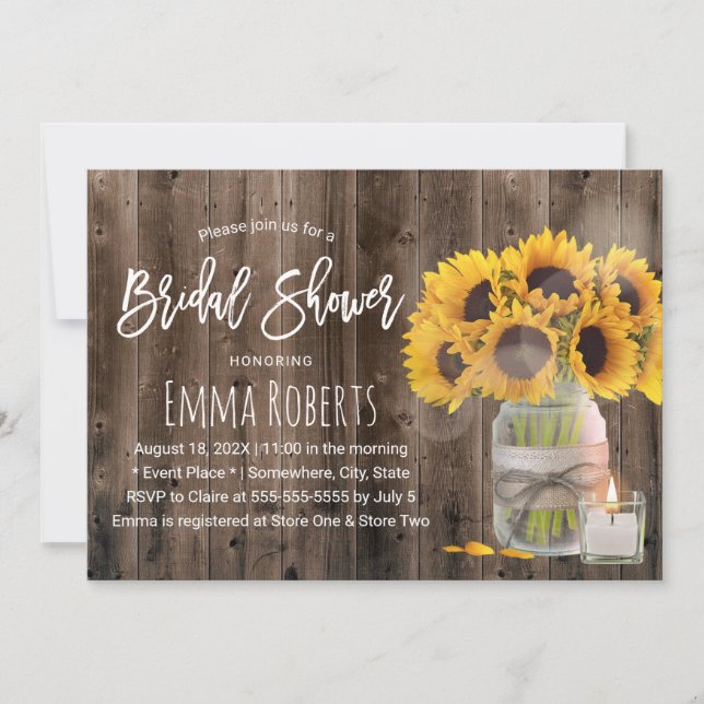 Sunflower Flower Mason Jar Barn Wood Bridal Shower Invitation (Front)