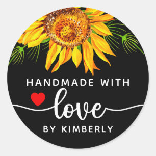Sunflower Flower's Handmade with Love Black  Classic Round Sticker