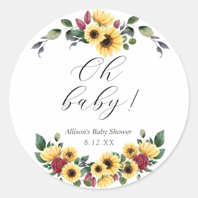 Sunflower Foliage Baby Shower Round Sticker (Front)