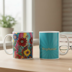 Sunflower folk art colourful coffee mug