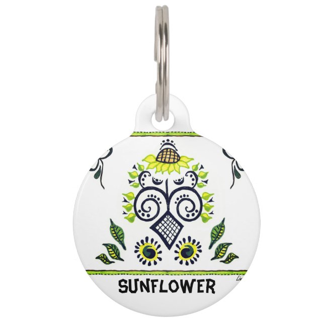 Sunflower Folk Art Pattern and Name Pet Tag (Front)
