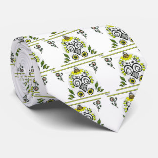 Sunflower Folk Pattern, black, yellow on white Tie