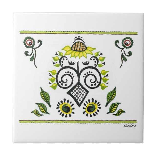 Sunflower Folk Pattern by Alexandra Cook Tile (Front)