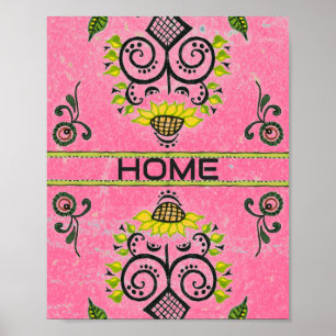 Sunflower Folk Pattern on Pink Poster