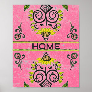 Sunflower Folk Pattern on Pink Poster
