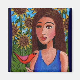 Sunflower forest, Lady & Red Bird - magnet