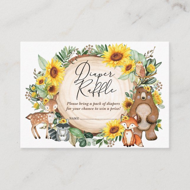 Sunflower Forest Woodland Animals Diaper Raffle Enclosure Card (Front)