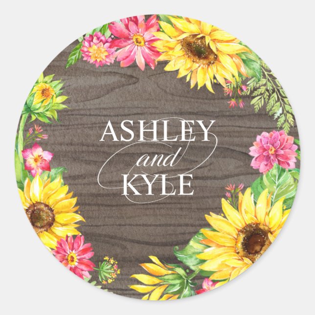 Sunflower Frame on Dark Wood Classic Round Sticker (Front)