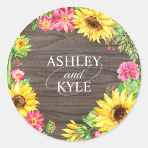 Sunflower Frame on Dark Wood Classic Round Sticker