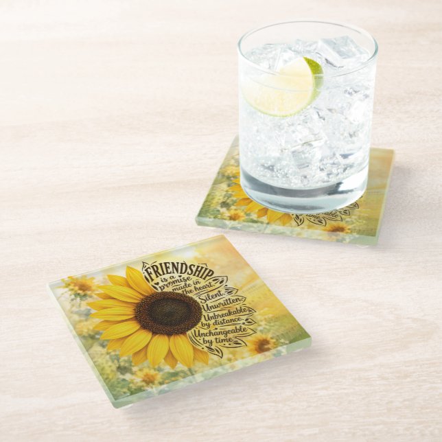 Sunflower Friendship Quote Glass Coaster (Angled)