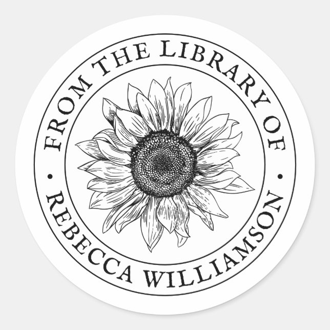 Sunflower From the Library Custom Name Bookplate Classic Round Sticker (Front)
