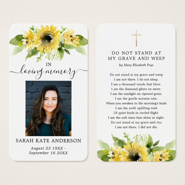 Sunflower Funeral In Loving Memory Poem Card (Front & Back)