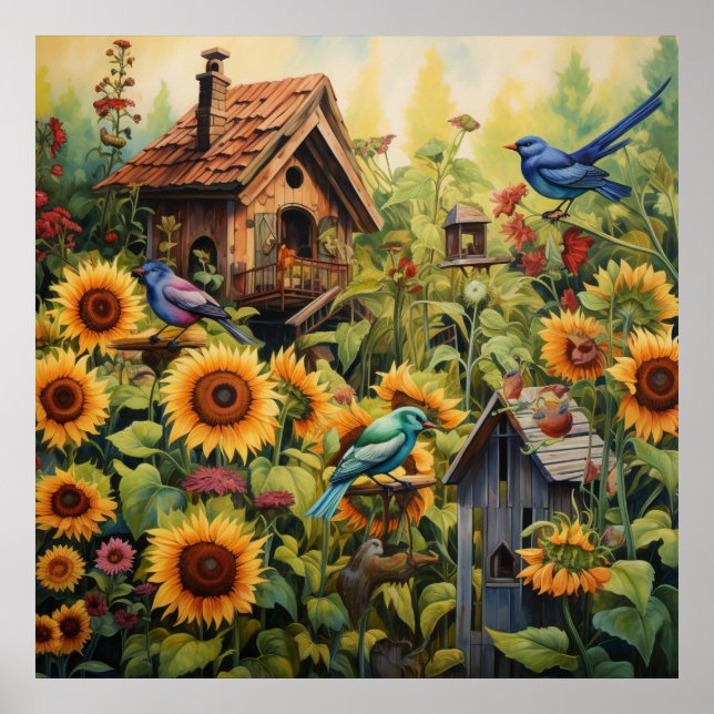 Sunflower Garden 10 Bird Houses Blue Birds Poster (Front)