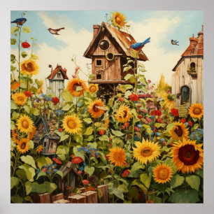 Sunflower Garden 11 Bird Houses Blue Birds Poster