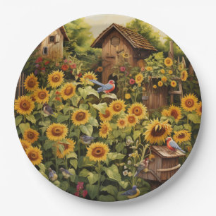 Sunflower Garden 12 Bird Houses Blue Birds Paper Plate
