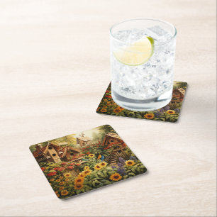 Sunflower Garden 13 Bird Houses Blue Birds Square Paper Coaster