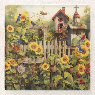 Sunflower Garden 14 Bird Houses Blue Birds Glass Coaster