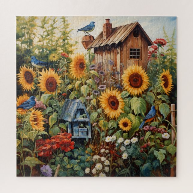 Sunflower Garden 3 Bird Houses Blue Birds Jigsaw Puzzle (Vertical)