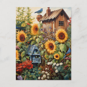 Sunflower Garden 3 Bird Houses Blue Birds Postcard