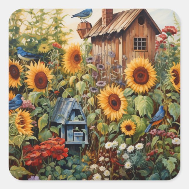 Sunflower Garden 3 Bird Houses Blue Birds Square Sticker (Front)