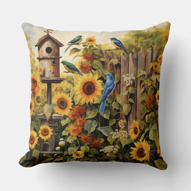 Sunflower Garden 5 Bird Houses Blue Birds Cushion (Front)