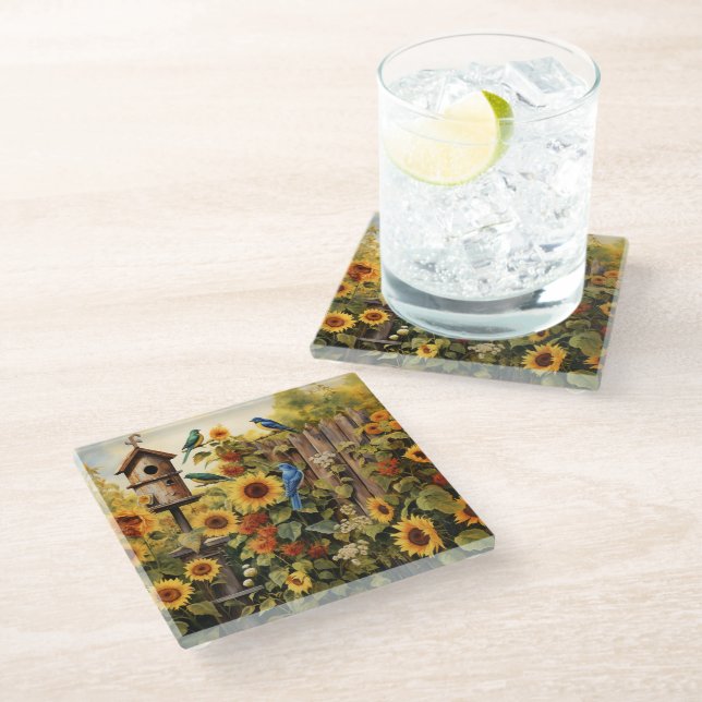 Sunflower Garden 5 Bird Houses Blue Birds Glass Coaster (Angled)