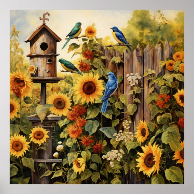Sunflower Garden 5 Bird Houses Blue Birds Poster (Front)