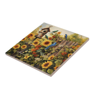 Sunflower Garden 5 Bird Houses Blue Birds Tile