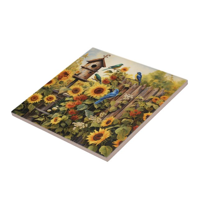 Sunflower Garden 5 Bird Houses Blue Birds Tile (Side)