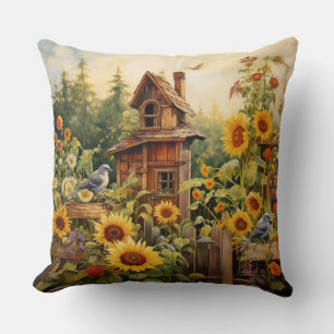 Sunflower Garden 8 Bird Houses Blue Birds Cushion